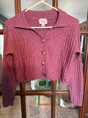 Colorful Planet Girls XL 14/16 Purple Ribbed Cropped Collared Cardigan Y2K 90s‎